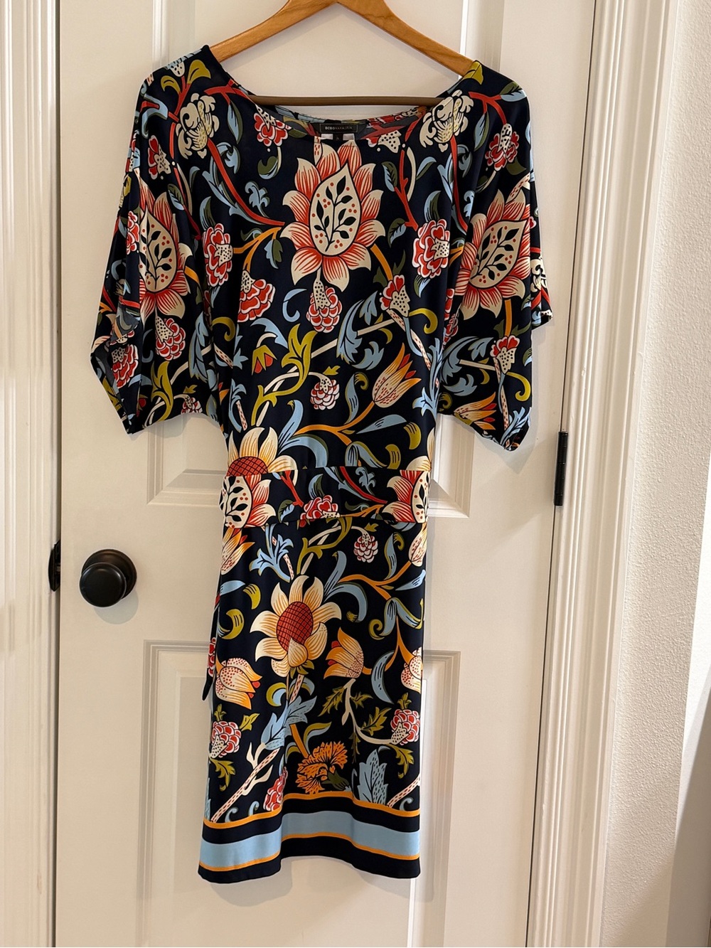 BCBGMaxAzria Navy Floral-Print Midi Dress with Pink and Yellow Accents